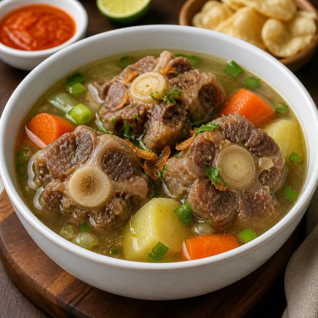 Sop Buntut Te Sate dengan kuah hangat dan potongan buntut sapi empuk